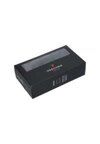 Czarne tektura opakowanie z przezroczystym oknem. Zawiera pięć elastycznych pudełek do przechowywania. Na bokach znajduje się czerwone logo oraz białe detale tekstowe.