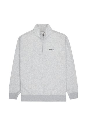Gray quarter-zip sweatshirt made of soft fabric, featuring a mock collar, ribbed cuffs, and a small logo on the chest.