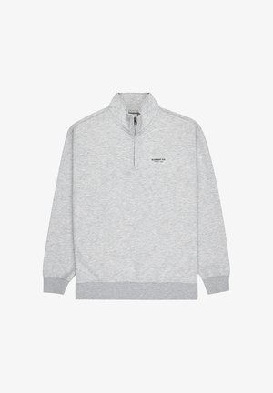 Gray quarter-zip sweatshirt made of soft fabric, featuring a mock collar, ribbed cuffs, and a small logo on the chest.