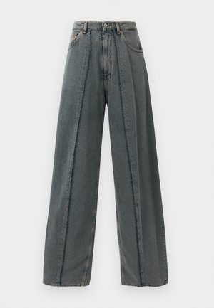 Wide-leg dark gray denim jeans with high waist, frayed seam details running vertically down the front, and classic five-pocket design.