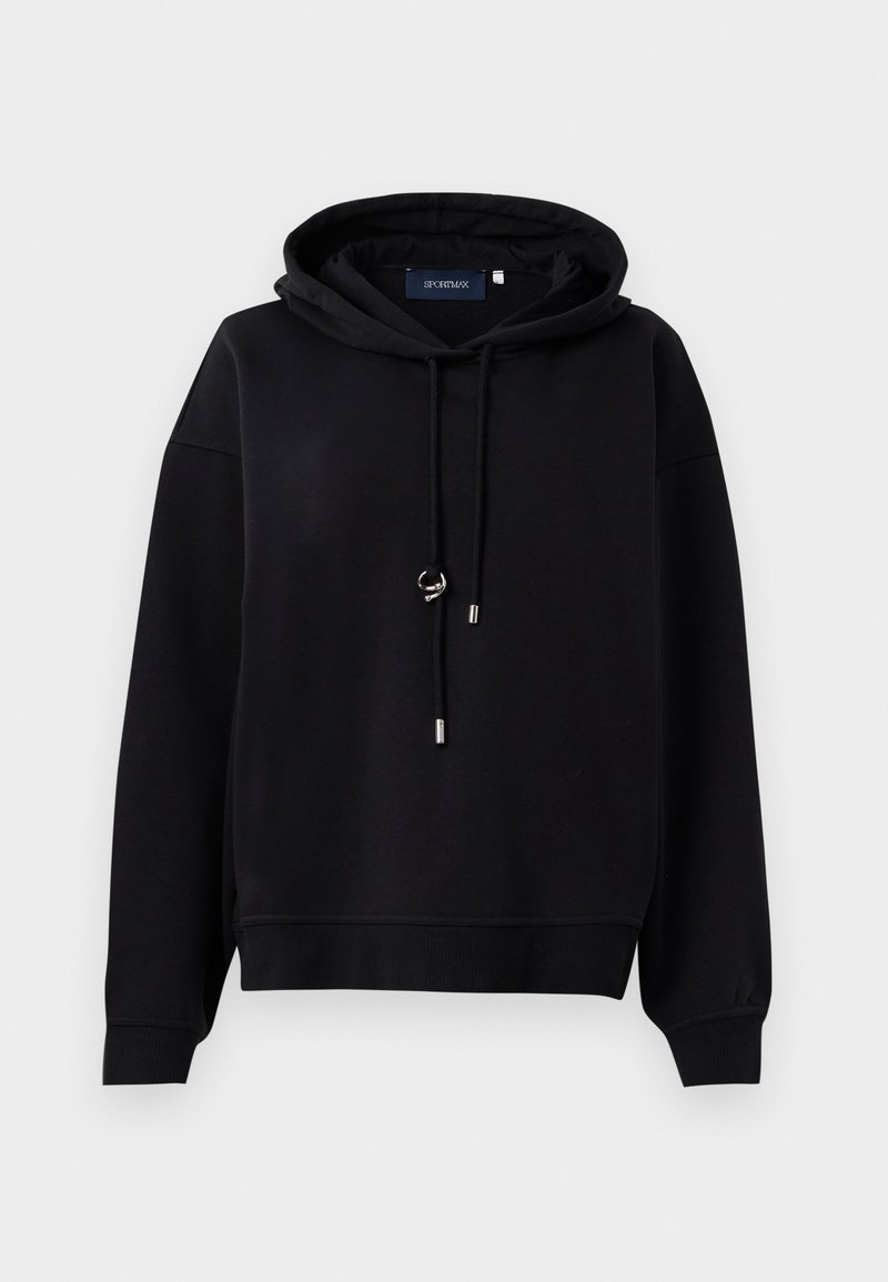 Hoodie noir en tissu doux, avec une capuche à cordon de serrage, des accents en métal argenté, des bords côtelés et un design décontracté.