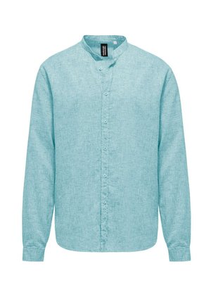 Camicia a maniche lunghe azzurro chiaro con colletto a banda, realizzata in un tessuto testurizzato. Presenta bottoni lungo la parte anteriore e un orlo dritto.