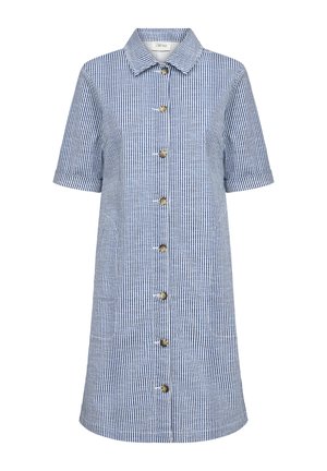 Prugasta obleka s kratkimi rokavi v modri in beli barvi. Ima ovratnik in zlate gumbe spredaj. Lahka tkanina.