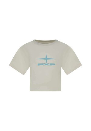 T-shirt court beige à manches courtes avec un logo d'étoile bleu et le texte "PXP" centré sur le devant.