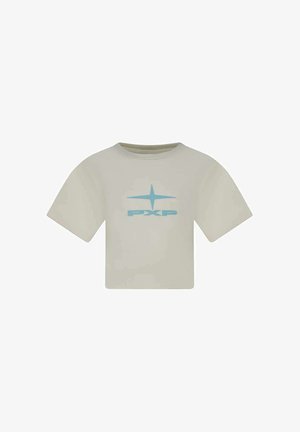 T-shirt court beige à manches courtes avec un logo d'étoile bleu et le texte "PXP" centré sur le devant.