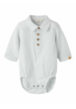 Lysegrå babyheldragt med lange ærmer, krave, fire træknapper foran og trykknapper i skridtet.