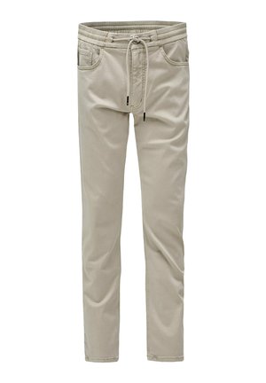 Pantalones beige claros con cintura elástica, cierre de cordón y dos bolsillos frontales. Tejido suave con un diseño de pierna recta.
