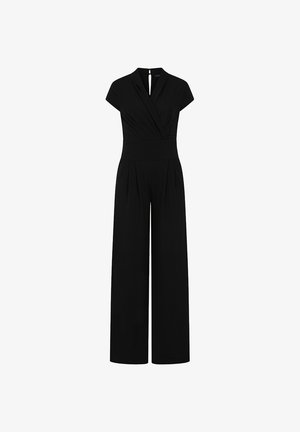 Musta jumpsuit, jossa on lyhyet hihat, kietaisusuunnittelu, pleated-leveät pantsut ja avainaukko selkäyksityiskohta. Sileä kangas.