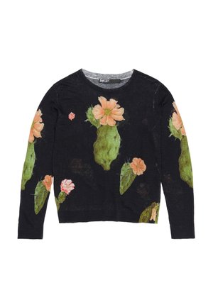 Black long-sleeve sweater with a cactus and floral print in pink and green, featuring a round neck and soft texture.