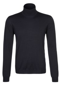 Marinefarbener Rollkragenpullover aus weichem Stoff mit langen Ärmeln und taillierter Passform. Verfügt über einen gerippten Kragen und unaufdringliche Markenkennzeichnung.