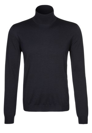 Pull marin à col roulé en tissu doux, avec des manches longues et une coupe ajustée. Présente un col côtelé et un branding discret.