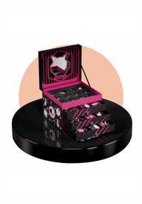Black and pink advent calendar with a wildcat logo, featuring open top compartment and three numbered drawers on a round black platform.