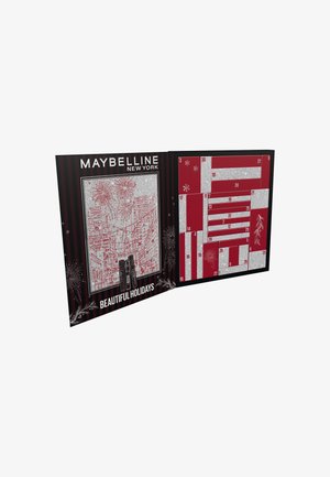 Calendario dell'Avvento a tema natalizio Maybelline New York con pannelli numerati argentati e rossi e design con fuochi d'artificio sulla skyline della città.
