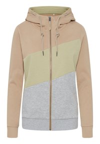Lightweight zip-up hoodie in beige, green, and gray. Features a hood with drawstrings, ribbed cuffs, and a color-blocked design.