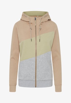 Lett zip-up hoodie i beige, grønn og grå. Har hette med snor, ribbede mansjetter, og et fargeblokkeringsdesign.
