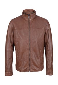 Giacca in pelle marrone con colletto rialzato, chiusura frontale con zip, due tasche laterali e una texture liscia. Vestibilità su misura con linee pulite.