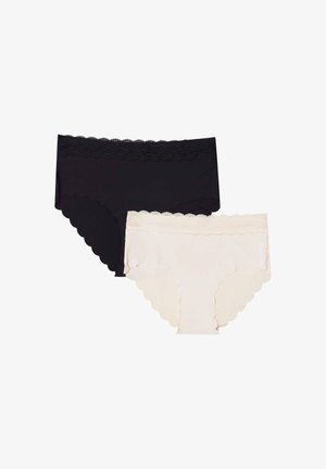 Black and beige scalloped lace-trimmed hipster panties, made from smooth fabric, with a soft, stretchy fit.
