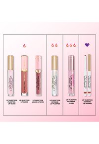 Vijf lipproducten weergegeven in verticale opstelling: verschillende vormen, roze en doorzichtige tubes met gouden accenten en decoratieve details.