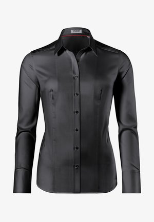 Chemise noire boutonnée fabriquée en tissu doux. Présente un col classique, des manches longues et six boutons à l'avant. Coupe ajustée avec un design épuré.