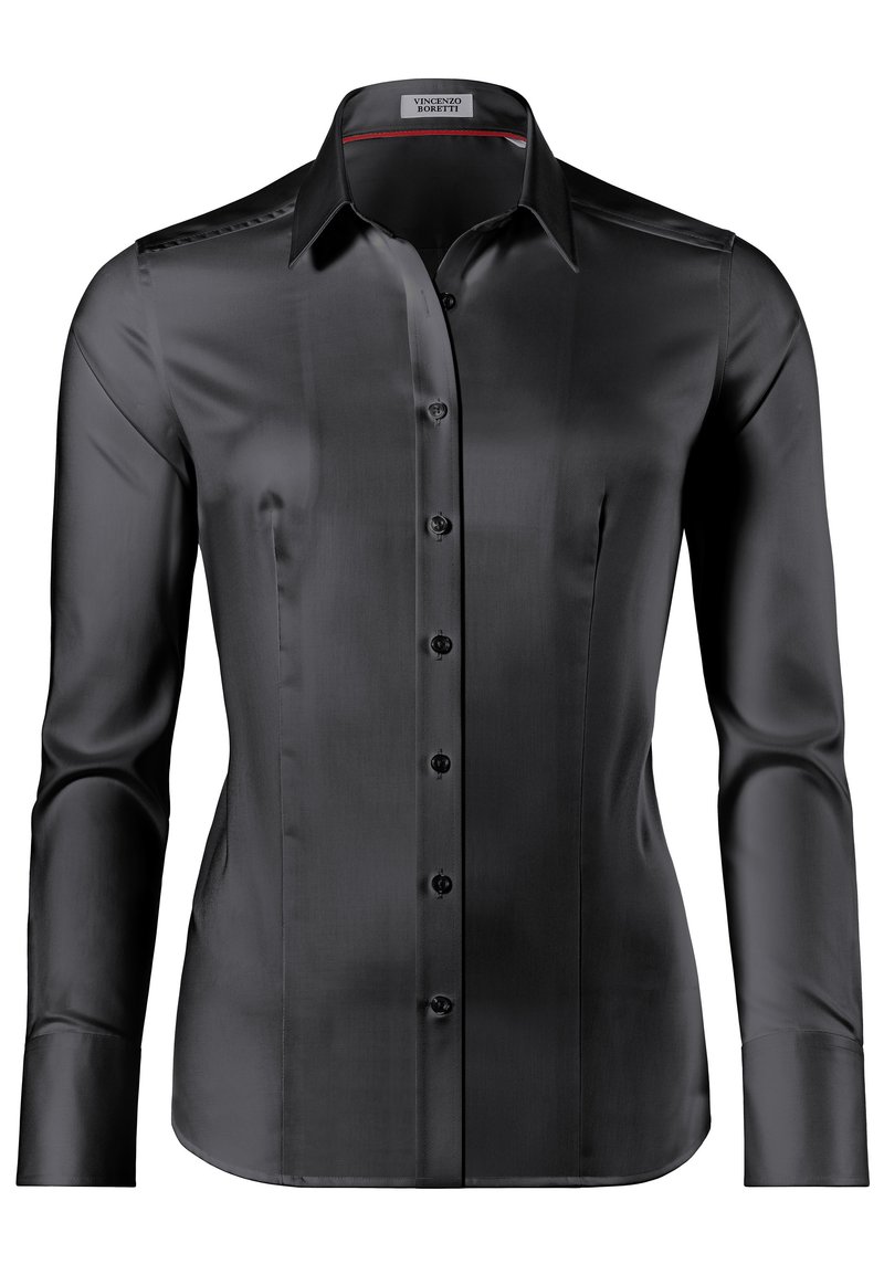 Camicia nera a maniche lunghe in tessuto liscio. Presenta un colletto classico, maniche lunghe e sei bottoni frontali. Vestibilità sagomata con design slanciato.