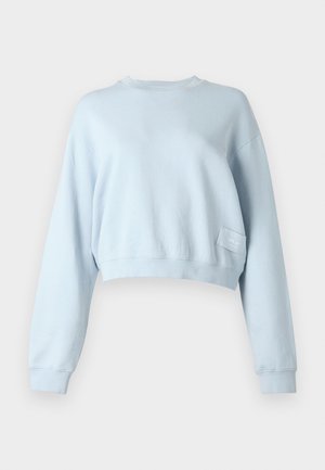 Hanorac scurt de culoare albastru deschis, material moale, decolteu rotund, mâneci lungi, manșete cu nervuri, având un eticheta mică pe partea din stânga jos a frontului.