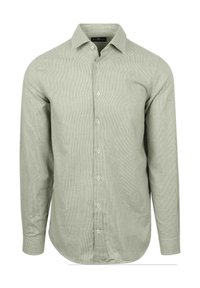 Heren lichtgroene blouse met lange mouwen in een klein ruitpatroon, met klassieke kraag en knoopmanchetten, weergegeven op een witte achtergrond.