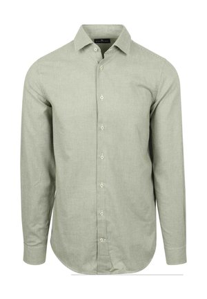 Heren lichtgroene blouse met lange mouwen in een klein ruitpatroon, met klassieke kraag en knoopmanchetten, weergegeven op een witte achtergrond.