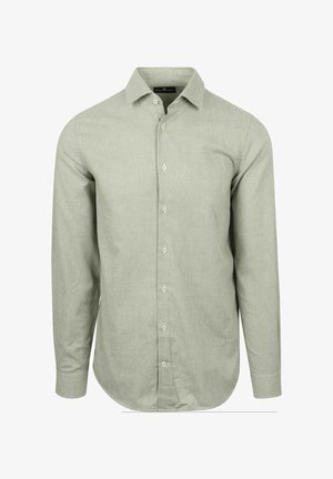 Heren lichtgroene blouse met lange mouwen in een klein ruitpatroon, met klassieke kraag en knoopmanchetten, weergegeven op een witte achtergrond.