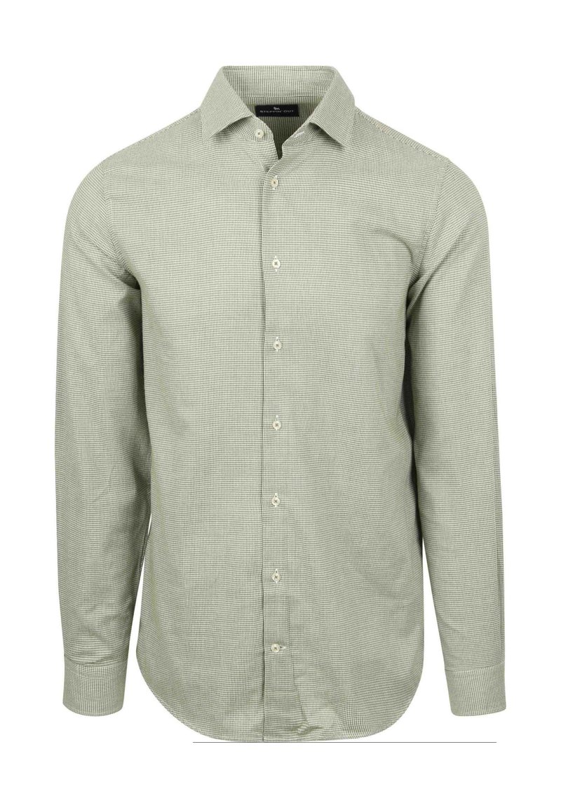 Heren lichtgroene blouse met lange mouwen in een klein ruitpatroon, met klassieke kraag en knoopmanchetten, weergegeven op een witte achtergrond.