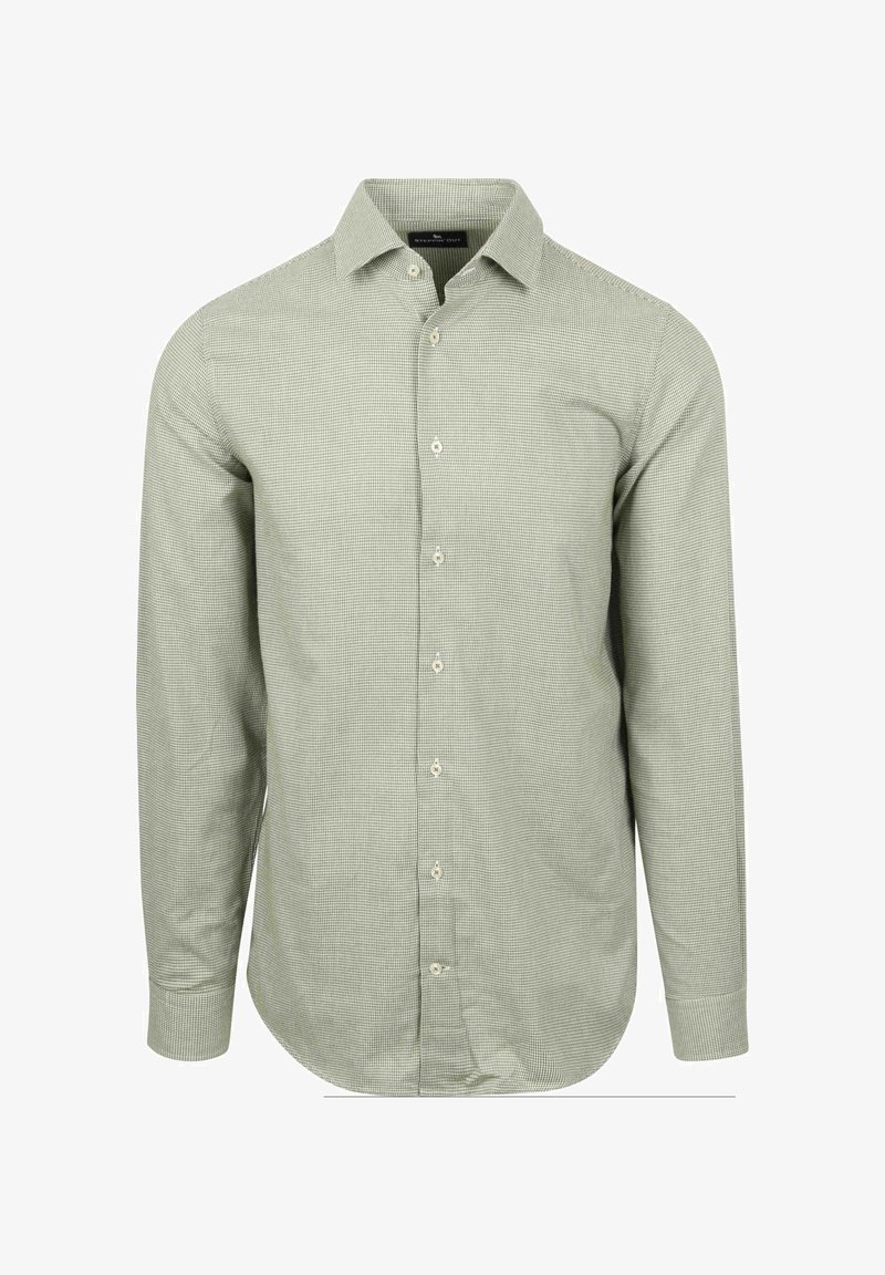 Heren lichtgroene blouse met lange mouwen in een klein ruitpatroon, met klassieke kraag en knoopmanchetten, weergegeven op een witte achtergrond.