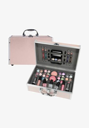 Pink textured cosmetic case with silver hardware, containing various makeup items including lipsticks, eyeshadows, and nail polish.
