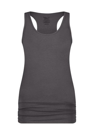 Graues Tanktop aus weichem Stoff, mit Rundhalsausschnitt, Racerback-Design und einer gerafften Saum für zusätzlichen Details. Keine Muster oder Akzente.