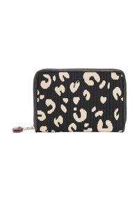 Czarny portfel z materiału o teksturowej powierzchni, ozdobiony beżowym wzorem w panterkę, z zapięciem na zamek błyskawiczny oraz dekoracyjnym uchwytem do zamka.