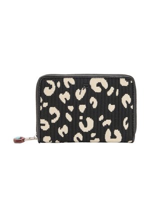 Czarny portfel z materiału o teksturowej powierzchni, ozdobiony beżowym wzorem w panterkę, z zapięciem na zamek błyskawiczny oraz dekoracyjnym uchwytem do zamka.
