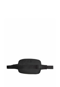 Borsa in tessuto nero a vita con forma rettangolare, cinturino regolabile, chiusura con zip e texture liscia. Design minimalista senza hardware visibile.