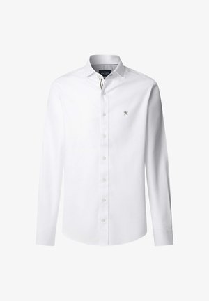 Weißes, langärmliges Hemd mit Knöpfen aus Baumwolle; verfügt über ein einzelnes gesticktes Logo auf der Brust und ein klassisches Kragendesign.