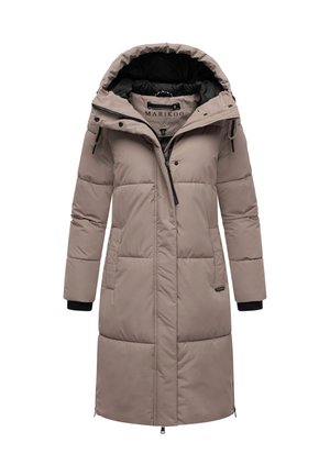 Lang taupe polstret vinterjakke med sort indre foring, hætte, sidelommer og front lynlås.