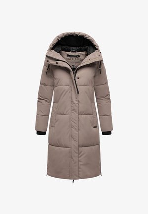 Lunga giacca invernale imbottita color taupe con fodera interna nera, cappuccio, tasche laterali e chiusura frontale con zip.