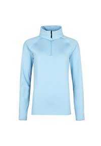 Pull bleu clair à manches longues avec col montant et fermeture éclair frontale au quart, avec un logo discret sur le côté du col.