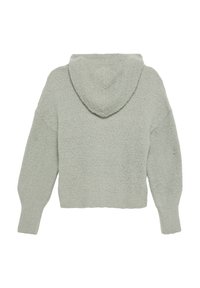 Przycięty, kapturowy sweter w jasnoszarym kolorze, wykonany z teksturowanego materiału polarowego, z luźnymi rękawami i prostym wzorem.