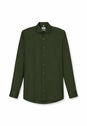 Camicia a maniche lunghe verde scuro con chiusura a bottoni, colletto classico e texture liscia. Presenta sei bottoni lungo la patta.
