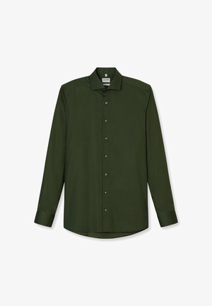 Dunkelgrünes Langarmhemd mit Knopfleiste, klassischem Kragen und glatter Textur. Verfügt über sechs Knöpfe entlang der Knopfleiste.