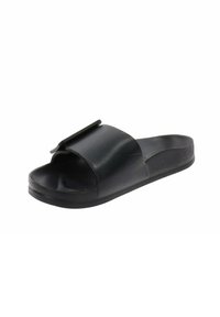 Infradito neri realizzati in materiale sintetico lucido. Presentano una fascia ampia e una suola piatta e testurizzata per il comfort. Design minimalista.