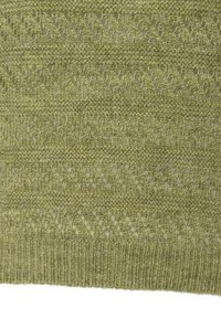 Spitzenstrickstoff in hellolivgrün mit einem strukturierten Muster und geripptem Saum. Verfügt über Durchbrüche in Diamant- und Streifenmuster.