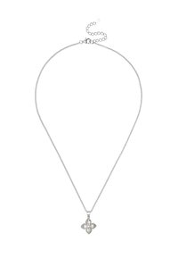 Sølv kæde med en blomsterpendant, der har fire klare sten. Justerbar længde med en lille lobster clasp og forlængerkæde.