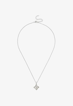 Collier en chaîne argentée avec un pendentif floral orné de quatre pierres claires. Longueur ajustable avec un petit fermoir en homard et une chaîne d'extension.