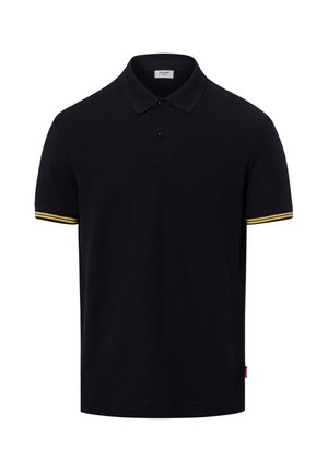 Zwarte polo met korte mouwen met twee knopen en gele dubbele strepen op de mouwboorden, kraag naar beneden gevouwen, effen voorkant.
