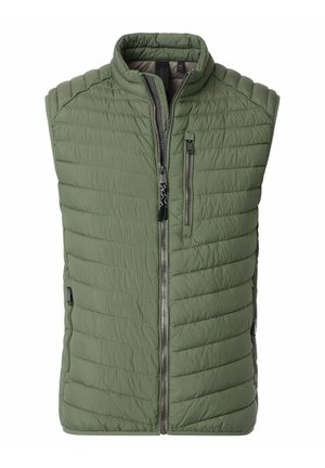 Lightweight, olive green puffer vest with a high collar, side zip pockets, and horizontal quilted pattern. Soft, smooth texture.