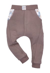 Brune bomuldsblandede bukser med elastisk talje, prydet med mønstrede sidelommer og ribbede ankle cuffs, designet med en afslappet pasform.