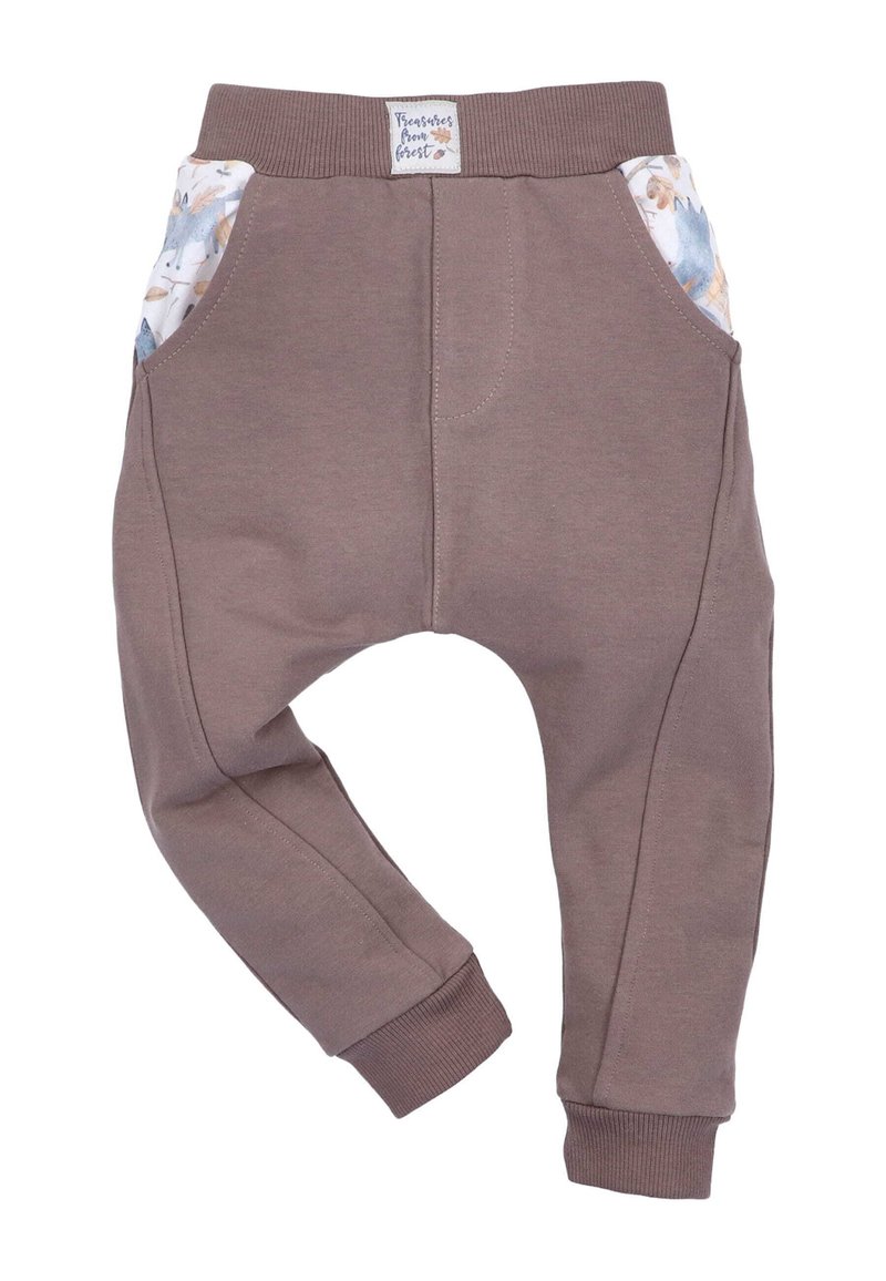 Brune bomuldsblandede bukser med elastisk talje, prydet med mønstrede sidelommer og ribbede ankle cuffs, designet med en afslappet pasform.